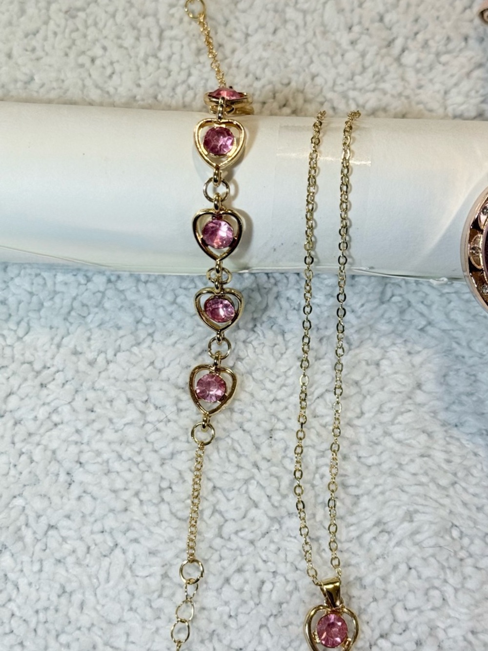 Jewelry Set 5 Pieces: Watch with Glitter, Necklace, Bracelet, Ring and Pink Earr - Picture 4 of 9